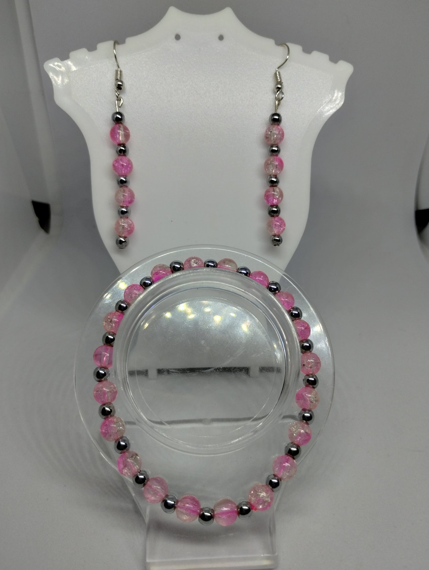 PINK AND SILVER BRACELET AND EARRINGS SET