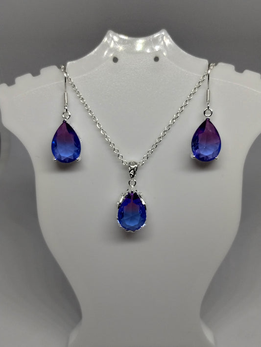 PURPLE & BLUE TEAR DROP NECKLACE AND EARRING SET