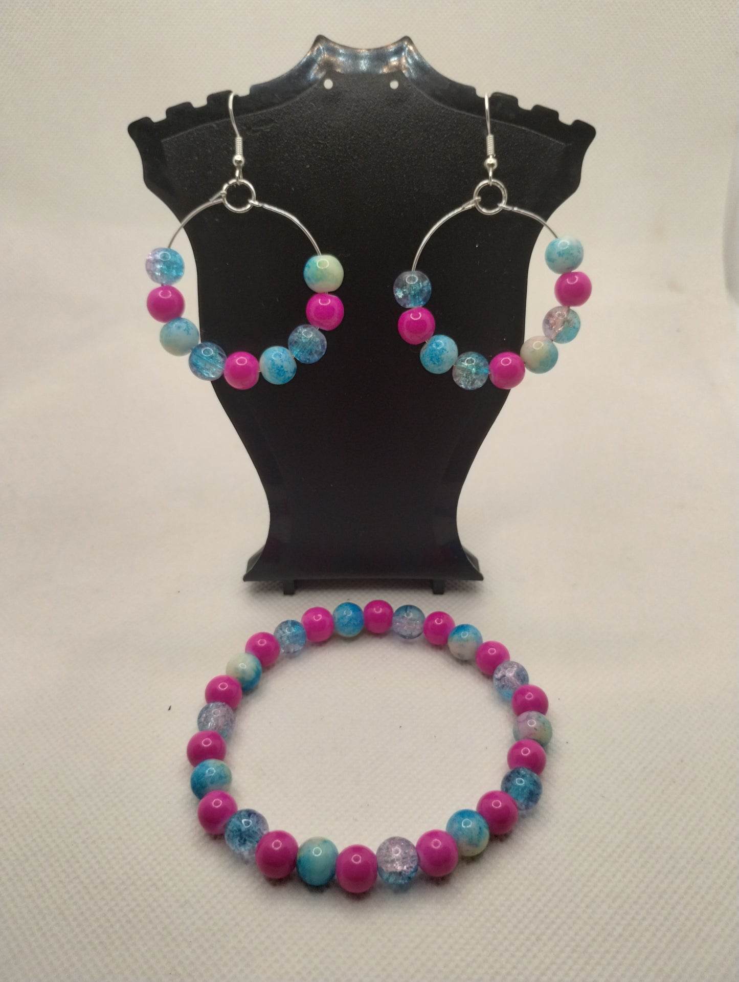 BLUE AND PINK BRACELET AND EARRINGS SET