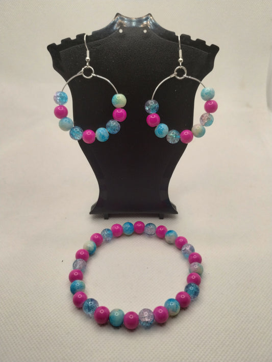 BLUE AND PINK BRACELET AND EARRINGS SET