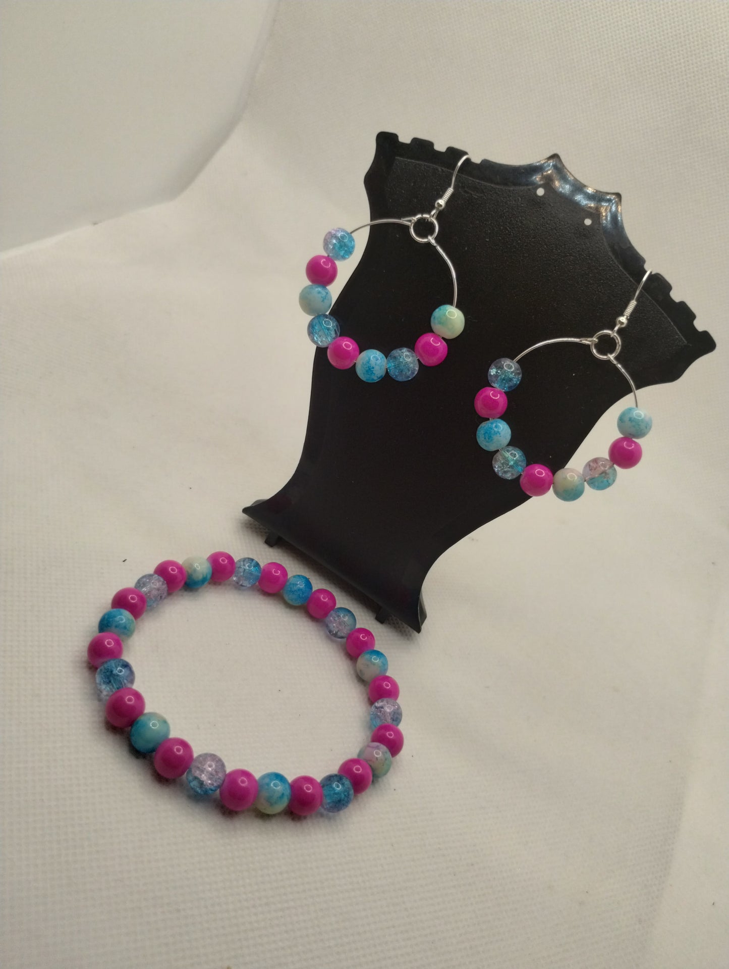 BLUE AND PINK BRACELET AND EARRINGS SET